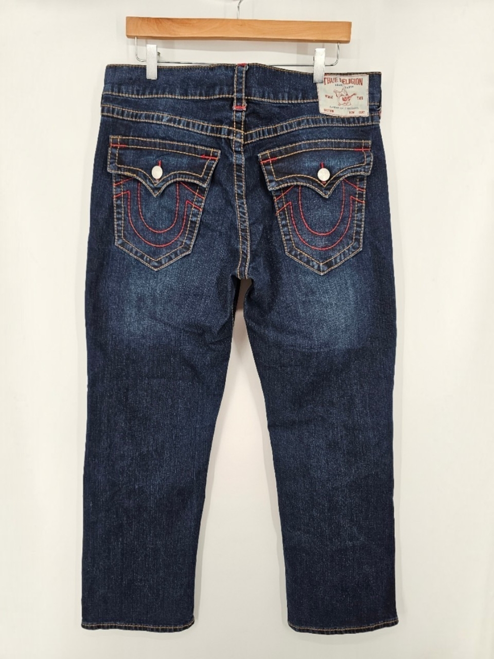 True Religion Ricky Relaxed Straight Jeans Men's 36 Dark Wash Red Stitch Y2K